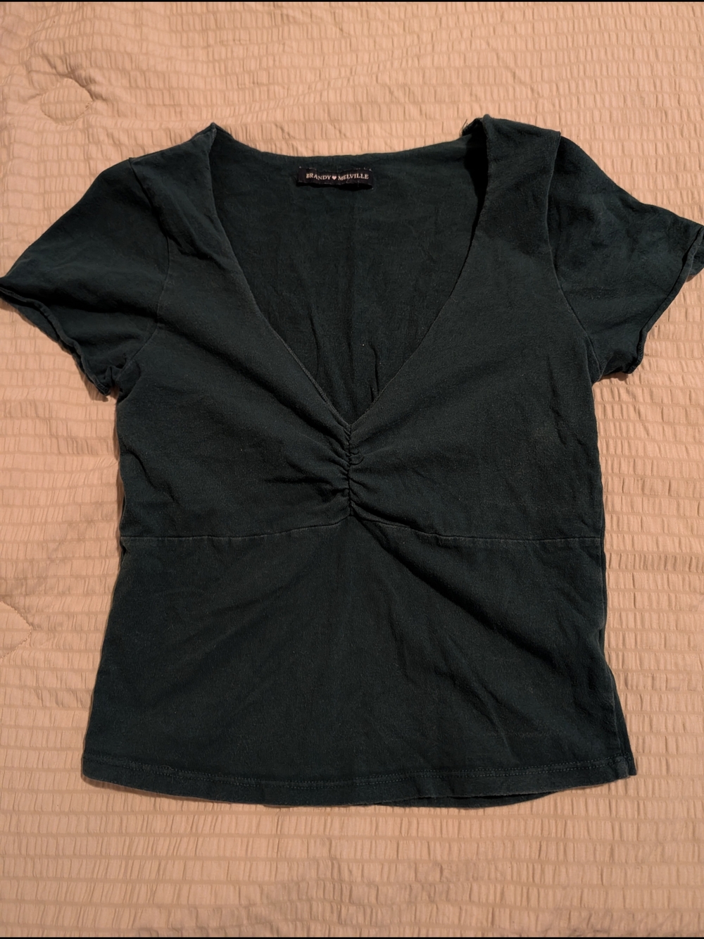 Brandy Melville Dark Green V-Neck Ruched Short Sleeve Top